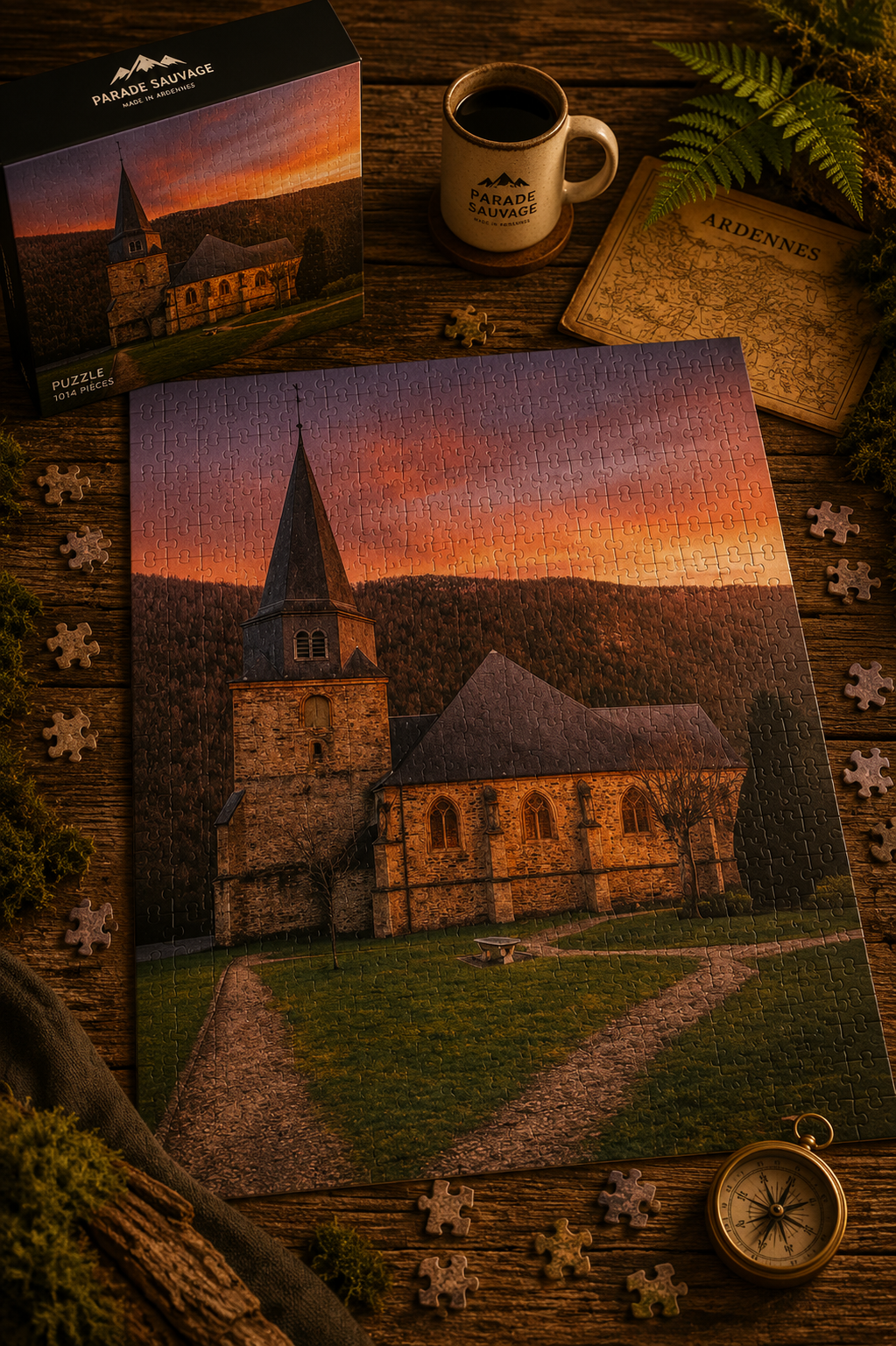 Puzzle Église Saint-Lambert Parade Sauvage - Ardennes au Coucher du Soleil